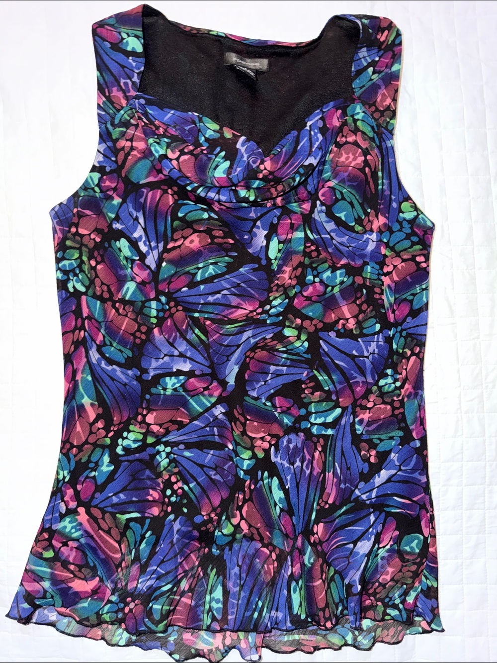 Spense Black Cowl Neck Camisole with Purple, Teal & Pink Floral Print
